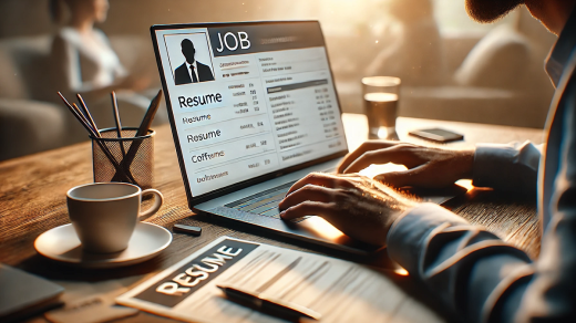mężczyzna poprawia swoje CV na laptopie